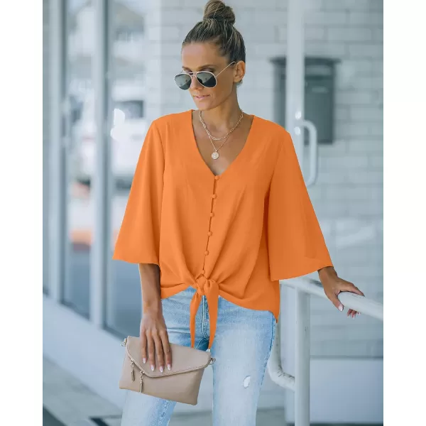 luvamia Womens Casual V Neck Tops 34 Sleeve Tie Knot Blouses Solid Button Down ShirtsSun Orange