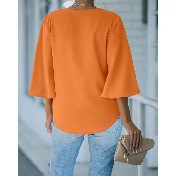 luvamia Womens Casual V Neck Tops 34 Sleeve Tie Knot Blouses Solid Button Down ShirtsSun Orange