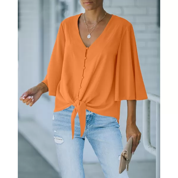 luvamia Womens Casual V Neck Tops 34 Sleeve Tie Knot Blouses Solid Button Down ShirtsSun Orange