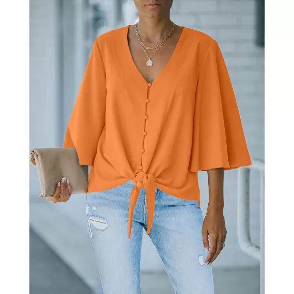 luvamia Womens Casual V Neck Tops 34 Sleeve Tie Knot Blouses Solid Button Down ShirtsSun Orange