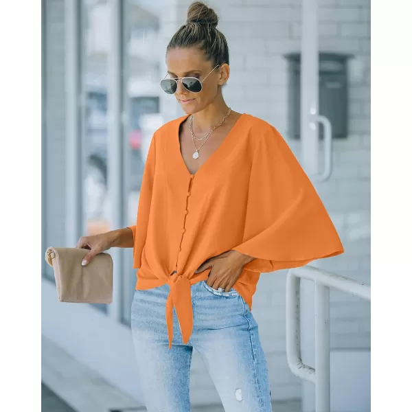 luvamia Womens Casual V Neck Tops 34 Sleeve Tie Knot Blouses Solid Button Down ShirtsSun Orange