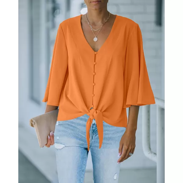 luvamia Womens Casual V Neck Tops 34 Sleeve Tie Knot Blouses Solid Button Down ShirtsSun Orange
