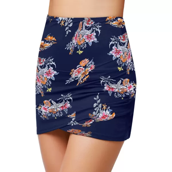 luvamia Womens High Waisted Swim Skirt Tulip Hem Shirring Swimsuit Bikini BottomsA1 Navy Flora