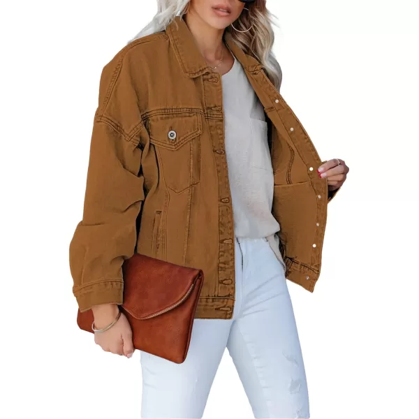 luvamia Womens Jean Jacket Oversized Boyfriend Trucker Denim Jackets for Women ShacketD Brown