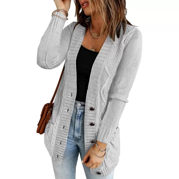 luvamia Womens Long Sleeve Open Front Buttons Cable Knit Pocket Sweater CardiganA Light Grey