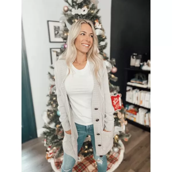luvamia Womens Long Sleeve Open Front Buttons Cable Knit Pocket Sweater CardiganA Light Grey