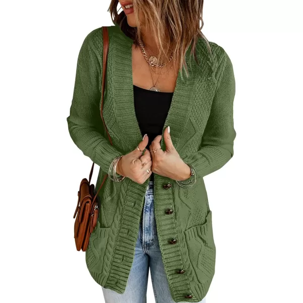 luvamia Womens Long Sleeve Open Front Buttons Cable Knit Pocket Sweater CardiganB Army Green