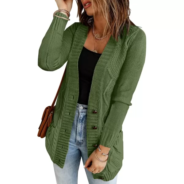 luvamia Womens Long Sleeve Open Front Buttons Cable Knit Pocket Sweater CardiganB Army Green