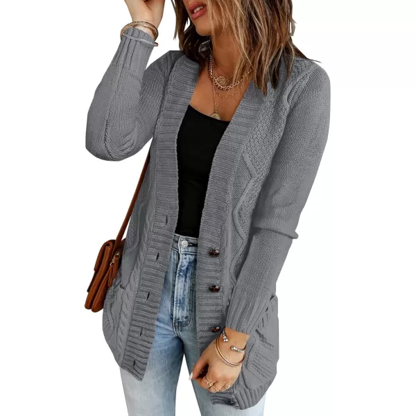 luvamia Womens Long Sleeve Open Front Buttons Cable Knit Pocket Sweater CardiganB Dark Grey