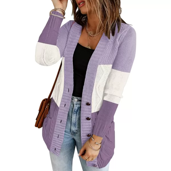 luvamia Womens Long Sleeve Open Front Buttons Cable Knit Pocket Sweater CardiganB Purpleish Block