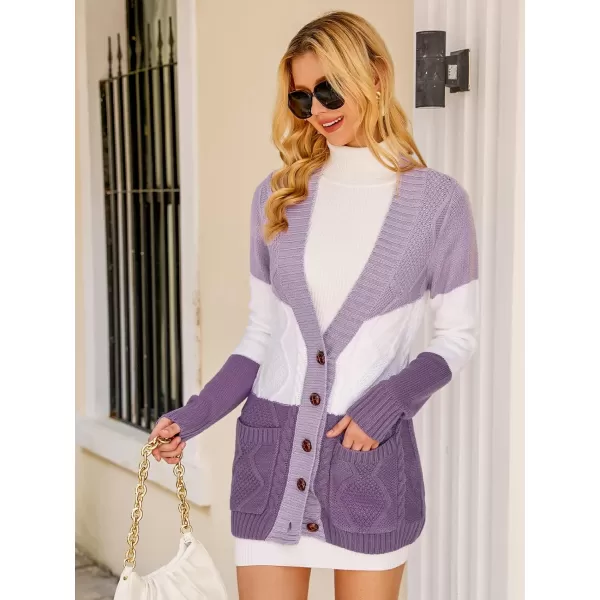 luvamia Womens Long Sleeve Open Front Buttons Cable Knit Pocket Sweater CardiganB Purpleish Block