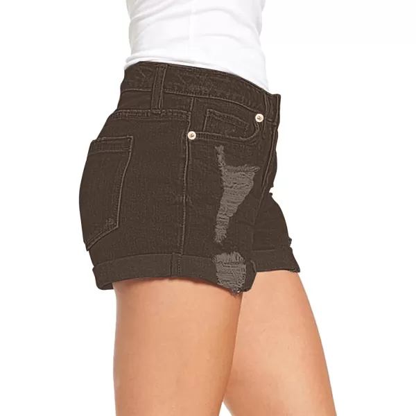 luvamia Womens Ripped Denim Jean Shorts High Waisted Stretchy Folded Hem Short JeansA2 Chocolate Brown