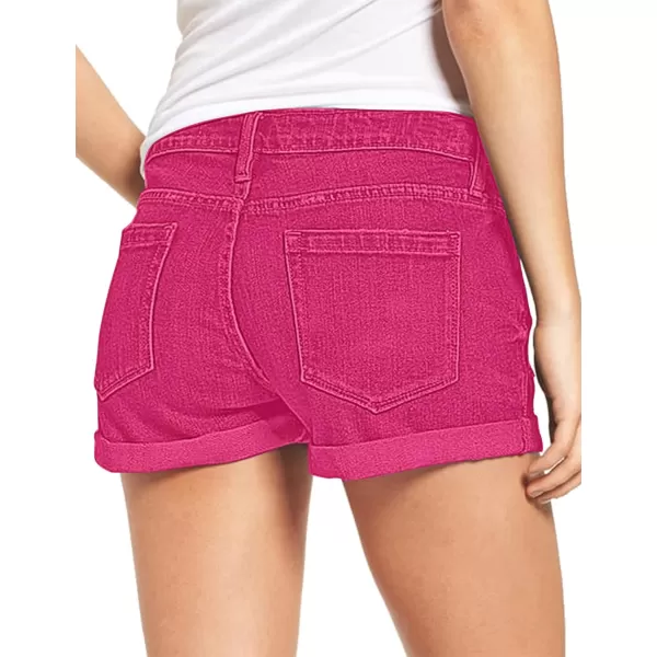 luvamia Womens Ripped Denim Jean Shorts High Waisted Stretchy Folded Hem Short JeansA2 Hot Pink