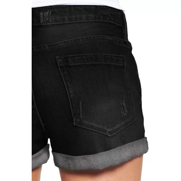luvamia Womens Ripped Denim Jean Shorts High Waisted Stretchy Folded Hem Short JeansA2 Proper Black