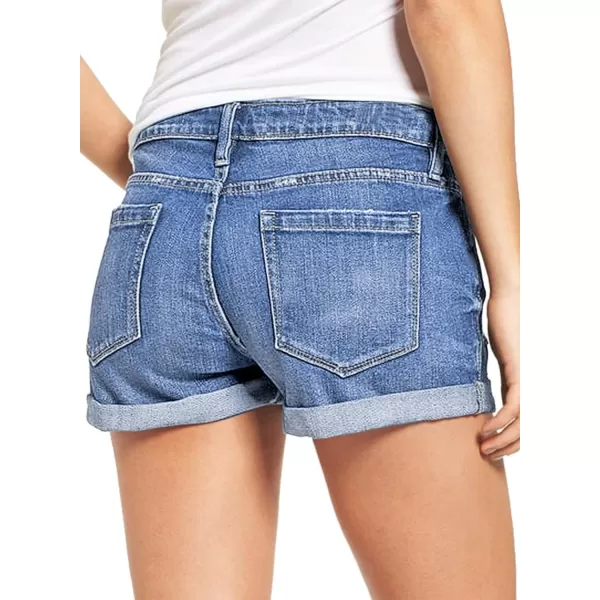 luvamia Womens Ripped Denim Jean Shorts High Waisted Stretchy Folded Hem Short JeansB Lagoon Blue