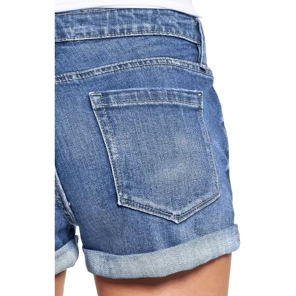 luvamia Womens Ripped Denim Jean Shorts High Waisted Stretchy Folded Hem Short JeansB Lagoon Blue