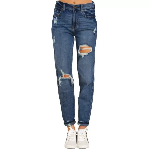 luvamia Boyfriend Jeans for Women Stretch High Waisted Ripped Distressed Mom Jeans Slim Denim PantsA Timeless Blue