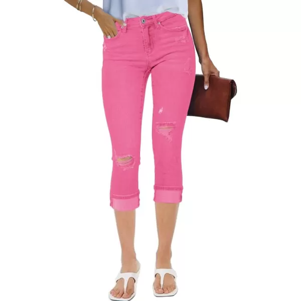 luvamia Capri Jeans for Women Stretch High Waisted Distressed Denim Capris Ripped Skinny Cropped PantsHot Pink