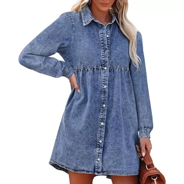 luvamia Denim Dress for Women Babydoll Flowy Cute Jean Shirt Dresses Long SleevesBay Blue