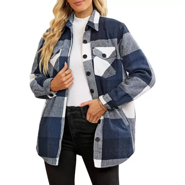 luvamia Plaid Jackets for Women Flannel Quilted Shacket Coats Oversized Button Down Shirts JacketDark Blue Plaid