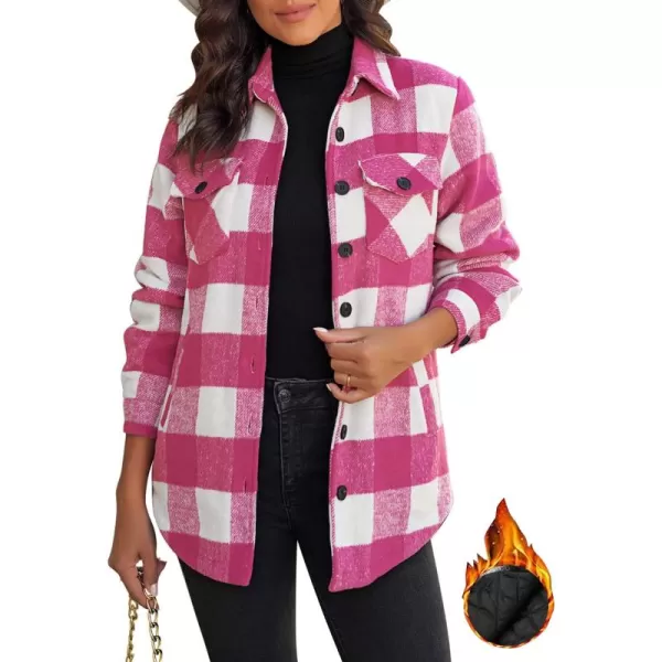 luvamia Plaid Jackets for Women Flannel Quilted Shacket Coats Oversized Button Down Shirts JacketHot Pink Plaid