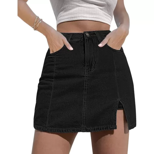 luvamia Skorts Skirts for Women Denim Mini Skirt Side Slit with High Waisted Jean Shorts StretchyB Soft Black