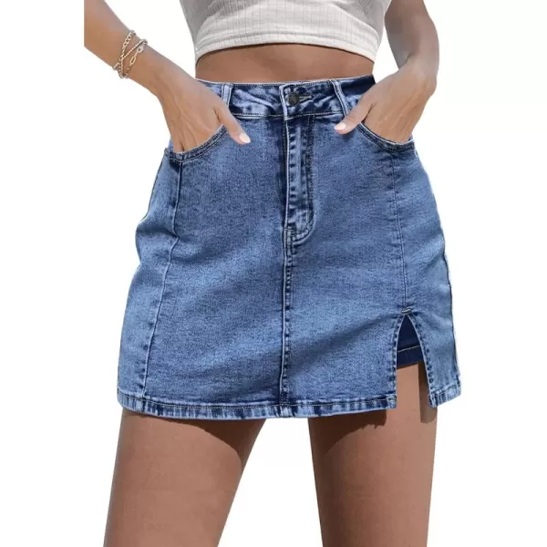 luvamia Skorts Skirts for Women Denim Mini Skirt Side Slit with High Waisted Jean Shorts StretchyBay Blue  Acid Wash