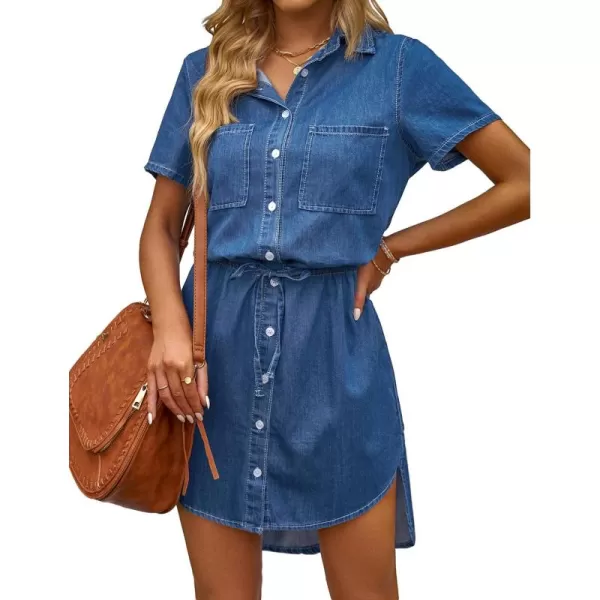 luvamia Women Casual Denim Dress Short Sleeve Tie Waist Classic Jean Shirt DressA2 Classic Blue