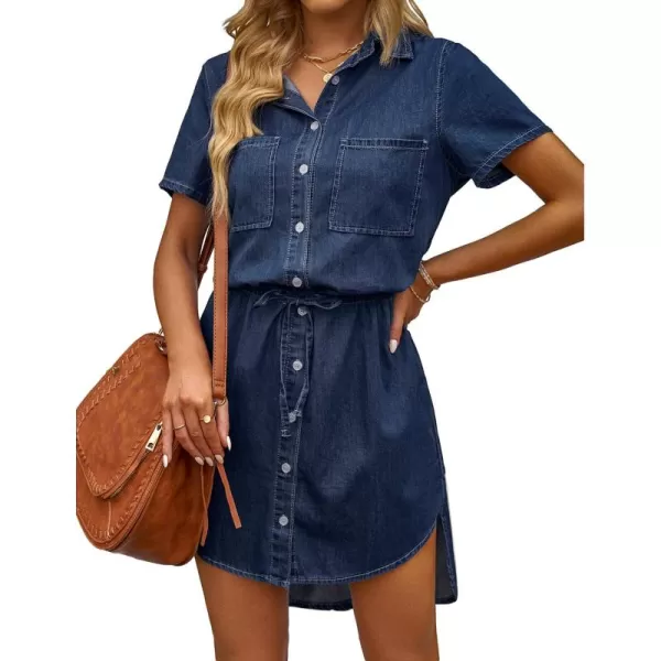 luvamia Women Casual Denim Dress Short Sleeve Tie Waist Classic Jean Shirt DressA3 Dark Reflections