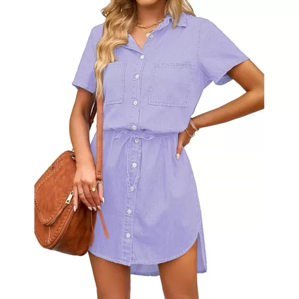 luvamia Women Casual Denim Dress Short Sleeve Tie Waist Classic Jean Shirt DressDigital Lavender