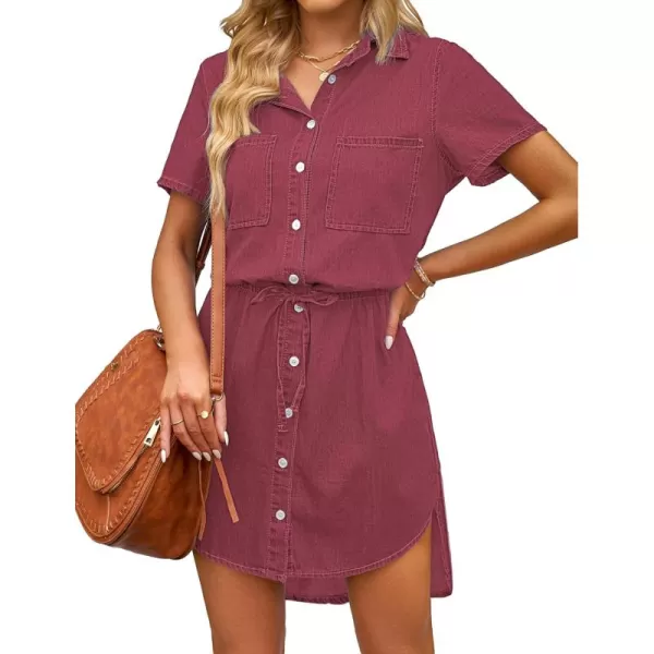 luvamia Women Casual Denim Dress Short Sleeve Tie Waist Classic Jean Shirt DressGarnet Rose