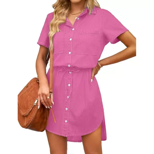 luvamia Women Casual Denim Dress Short Sleeve Tie Waist Classic Jean Shirt DressHot Pink