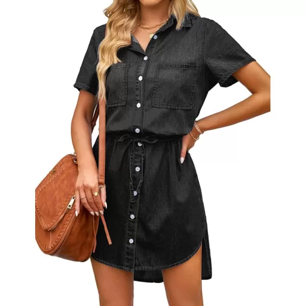 luvamia Women Casual Denim Dress Short Sleeve Tie Waist Classic Jean Shirt DressIconic Black