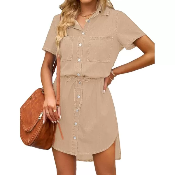 luvamia Women Casual Denim Dress Short Sleeve Tie Waist Classic Jean Shirt DressKhaki