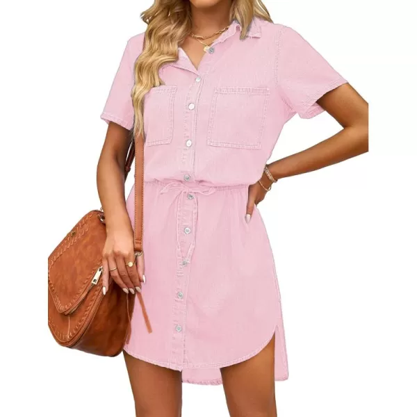 luvamia Women Casual Denim Dress Short Sleeve Tie Waist Classic Jean Shirt DressLight Pink