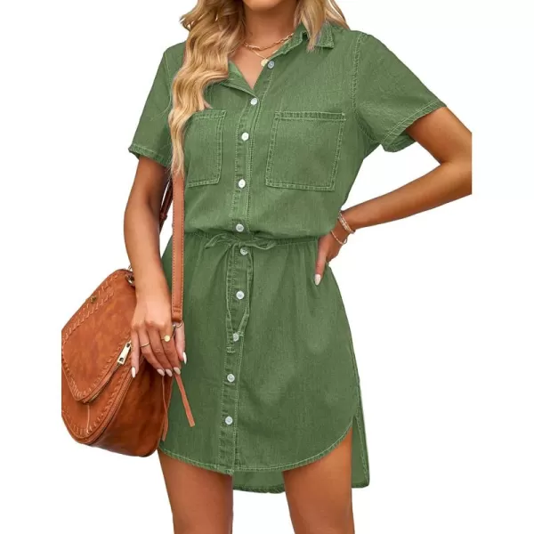 luvamia Women Casual Denim Dress Short Sleeve Tie Waist Classic Jean Shirt DressVineyard Green