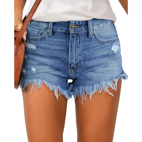 luvamia Women Casual High Waisted Denim Shorts Frayed Raw Hem Ripped Jeans ShortsBlue