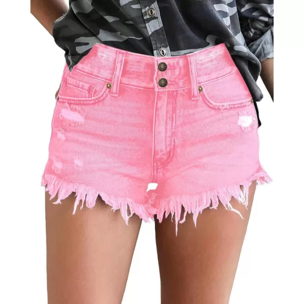 luvamia Women Casual High Waisted Denim Shorts Frayed Raw Hem Ripped Jeans ShortsHot Pink