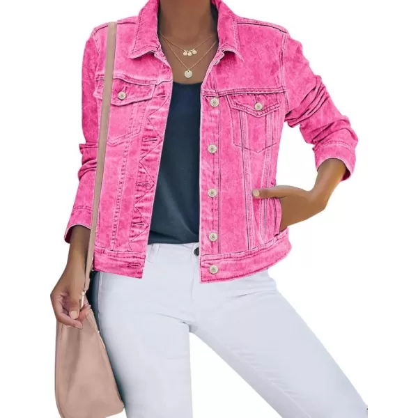 luvamia Womens Basic Button Down Stretch Fitted Long Sleeves Denim Jean JacketAurora Pink