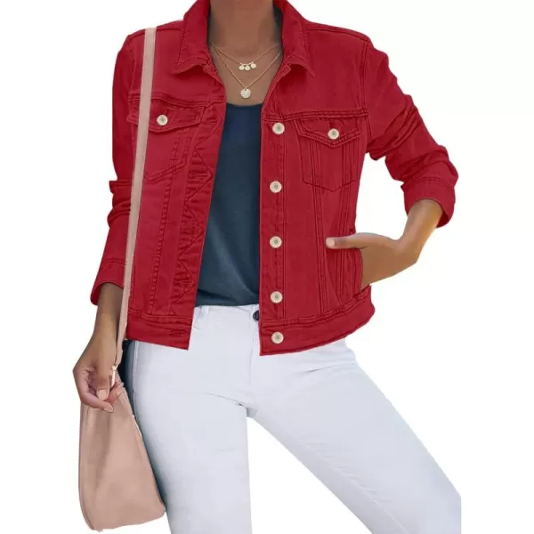 luvamia Womens Basic Button Down Stretch Fitted Long Sleeves Denim Jean JacketTrue Red