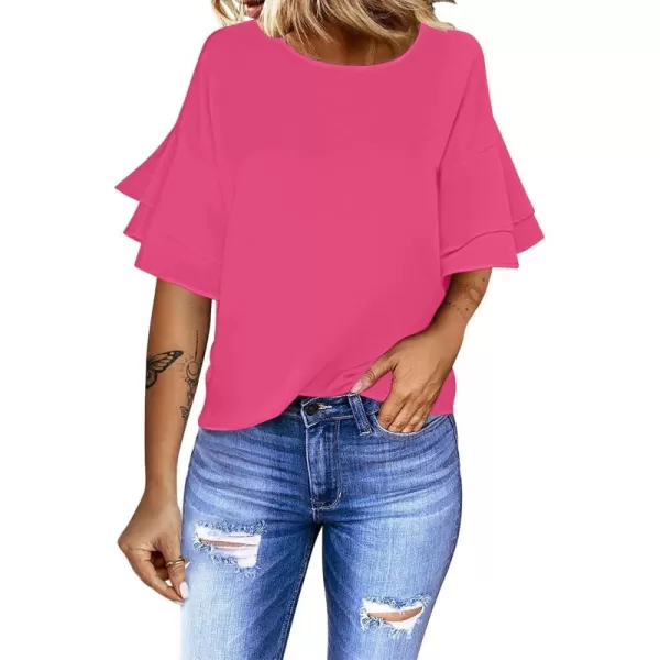 luvamia Womens Casual 34 Tiered Bell Sleeve Crewneck Loose Tops Blouses ShirtA Hot Pink