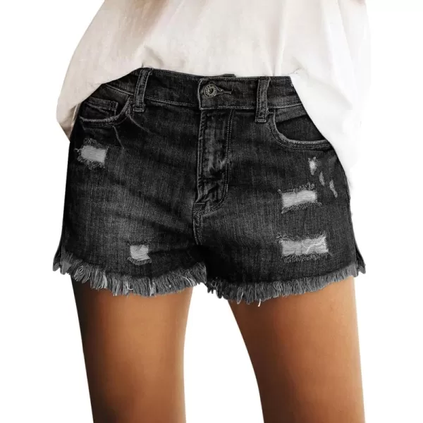 luvamia Womens Casual Mid Rise Denim Shorts Stretch Ripped Raw Hem Jean ShortsB Pebble Grey