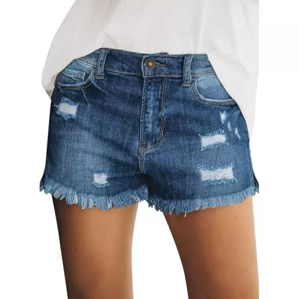 luvamia Womens Casual Mid Rise Denim Shorts Stretch Ripped Raw Hem Jean ShortsD Timeless Blue