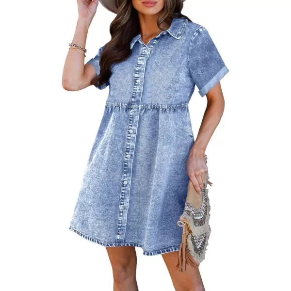 luvamia Womens Casual Short Sleeve Button Down Tiered Denim Babydoll Jean DressBay Blue