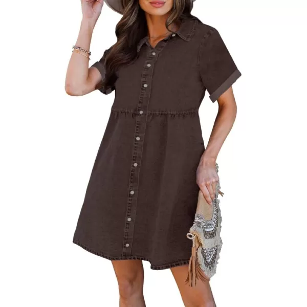 luvamia Womens Casual Short Sleeve Button Down Tiered Denim Babydoll Jean DressCocoa Brown