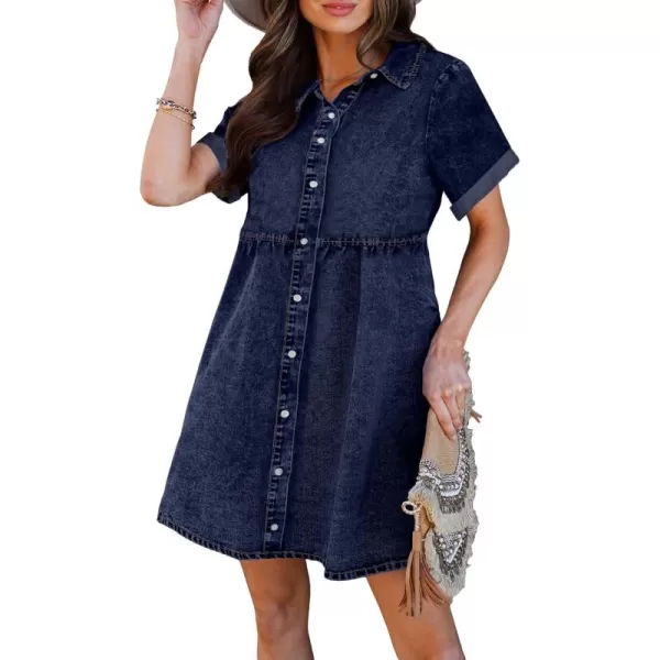 luvamia Womens Casual Short Sleeve Button Down Tiered Denim Babydoll Jean DressTwilight Blue