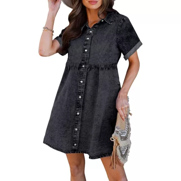 luvamia Womens Casual Short Sleeve Button Down Tiered Denim Babydoll Jean DressVintage Black