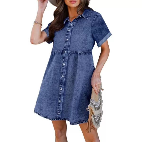 luvamia Womens Casual Short Sleeve Button Down Tiered Denim Babydoll Jean DressWishful Blue