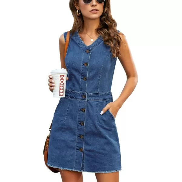 luvamia Womens Casual V Neck Sleeveless Jeans Button Down Denim Short DressDeep Blue