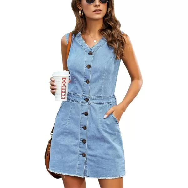 luvamia Womens Casual V Neck Sleeveless Jeans Button Down Denim Short DressLight Blue